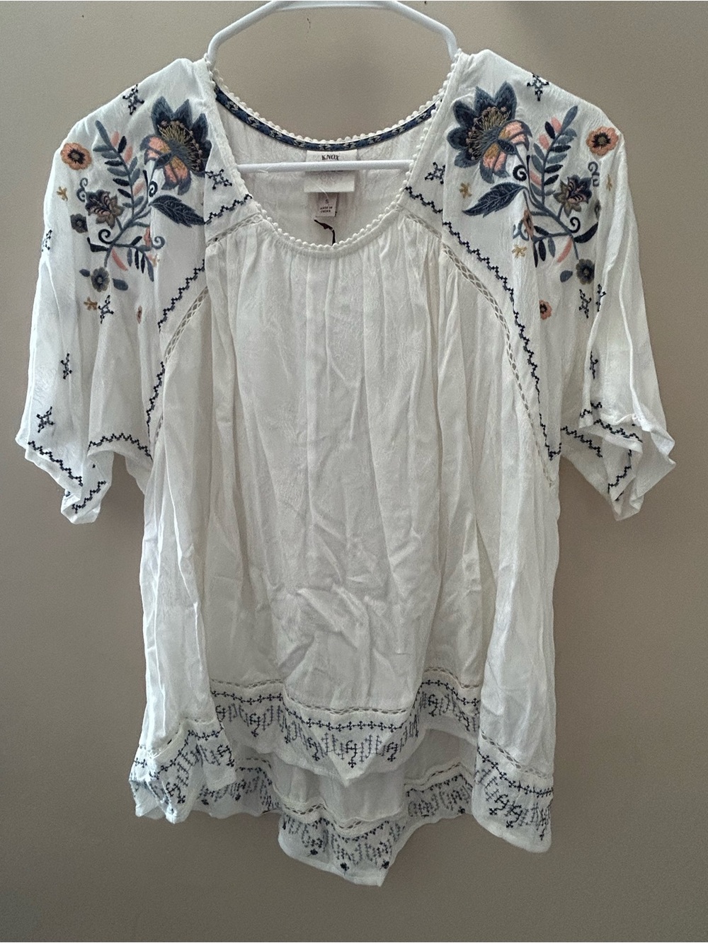 Knox Rose White Peasant Tunic with Navy and Coral Floral Embroidery